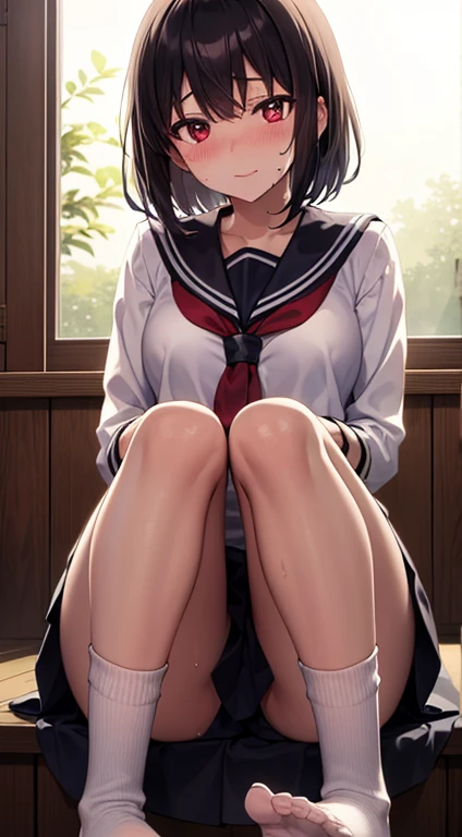 Best Quality ,masutepiece,Solo,1girl in,Sailor Suit,Black hair,Red Eyes,in the clutch,Sit by the window,blush,Sweating,Two legs,side lights,sox,Feet,Looking at Viewer,Looking down