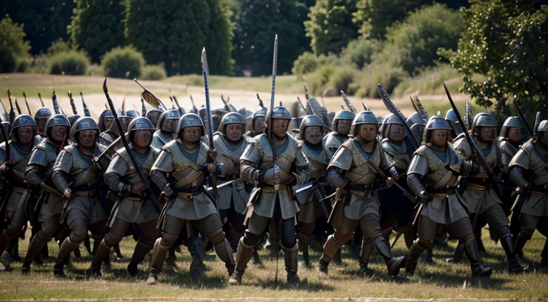 (high quality,4k,8k,highres,masterpiece:1.2),ultra-detailed,(realistic,photorealistic,photo-realistic:1.37),HDR,UHD,studio lighting,sharp focus,physically-based rendering,extreme detail description,professional,vivid colors,bokeh,medieval soldiers,massive army,lots of soldiers,formation,battle formation,ancient warriors,armed with swords and spears,open field,good lighting,high definition,image quality