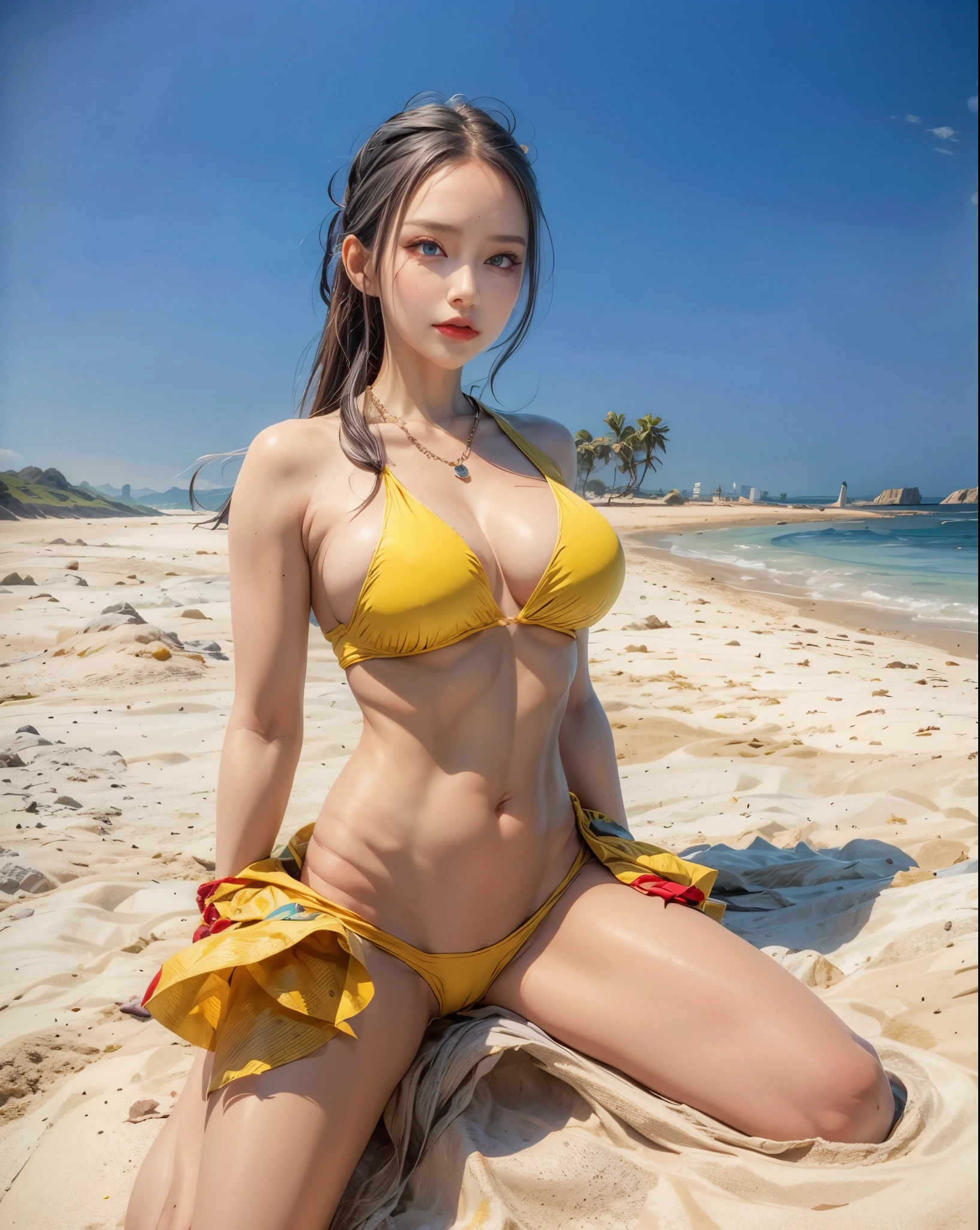 realistic, 1 women, best quality, 12k, HD, long hair, big round breasts, cleavage, ponytail, necklace, jewelry, shorts, short jacket, slim hips, hair tie, yellow eyes, black hair, super detailed, Eye details, hair details, person details, mouth details, face details, breast details, clothes details, hair details, pants details, hand details, whole body