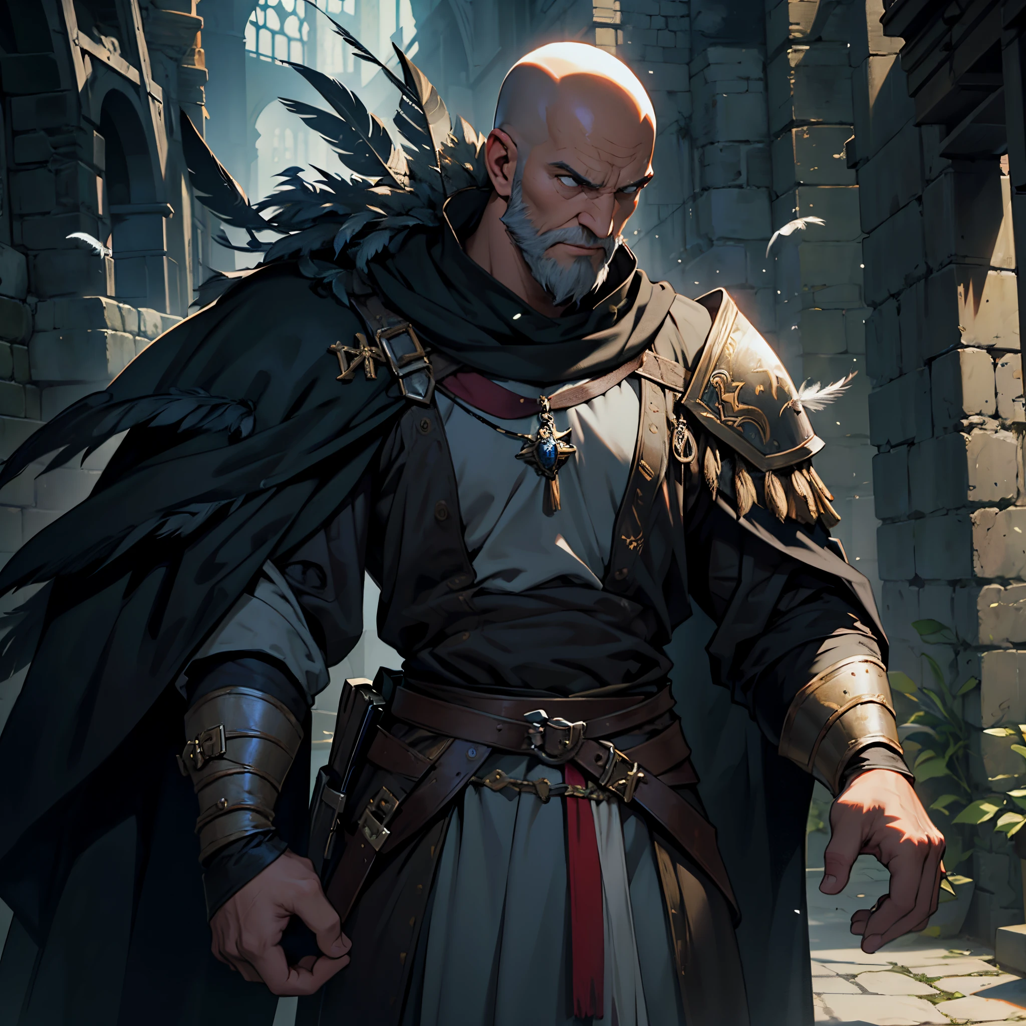 masterpiece, Best Quality, detailed, Cinematics, 4k, Background with: dark night medieval dungeon stairs, Bald elderly man wearing medieval warrior costume made of feathers, He grew a very long white beard.
