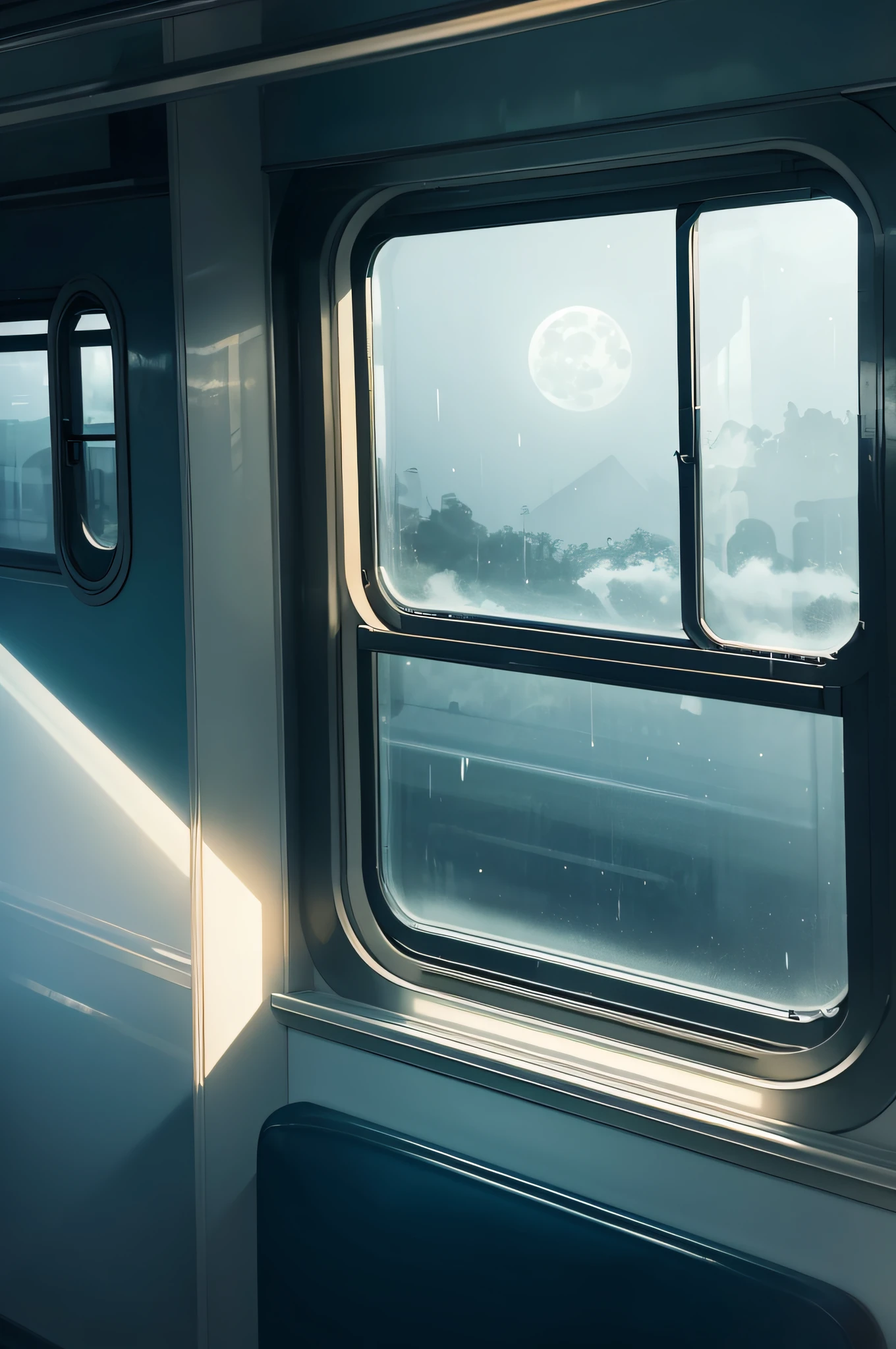 train window，There are a lot of scary white floating objects outside the window，Floating body fast attack train，The environment  dim，The moonlight  hazy，Horror movie atmosphere