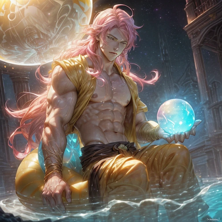 ((handsome man), (long hair), (sculpted body), (god of beauty)), ((two-story lab), (floating), (yellow glow emanating from a sphere in his hand)) Natsu Dragneel pink hair