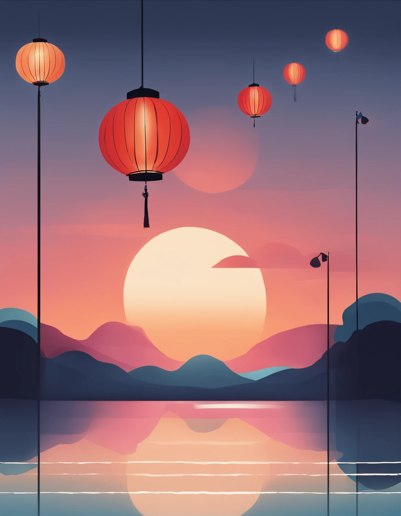 a minimalist image，Depicts the peaceful and colorful nighttime Lantern Festival lighting up the sky