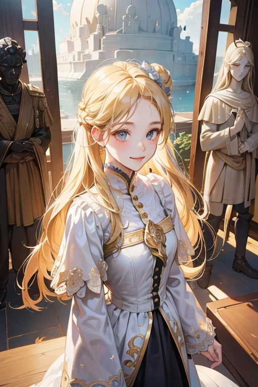 hair bunch、long eyeslashes、firm round eyes、Light smile、Ear cheeks、drop shadow、stereograms、Standing statue、point of view、Atmospheric perspective、8K、super detailing、ccurate、top-quality、a blond