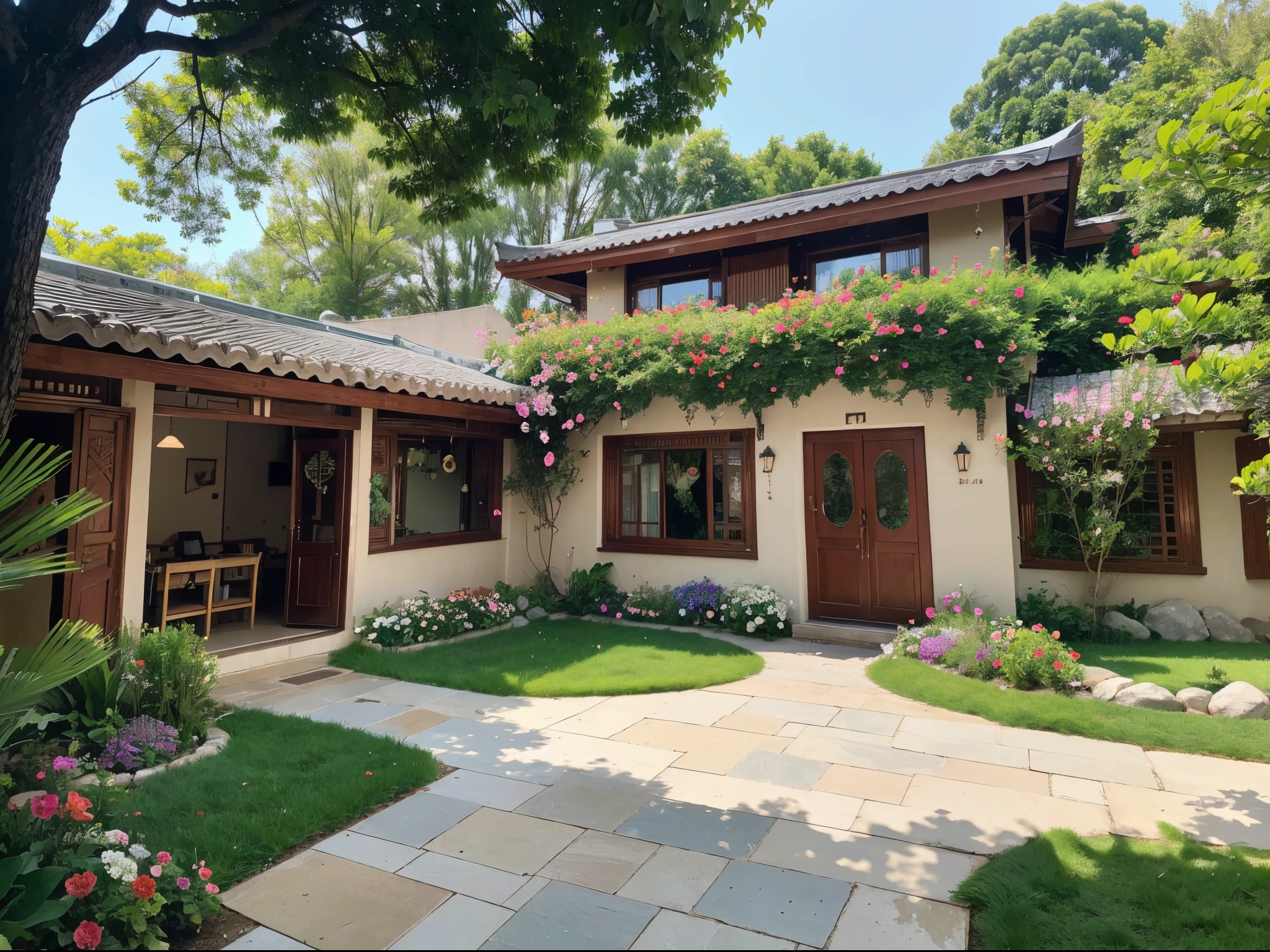 ,tmasterpiece, Best quality at best,8K, Ultra-high sharpness,Courtyard Garden Villa welcomes you。When you step into this peaceful world of green sea,As if you are in a fairy tale wonderland。The yard full of flowers,Green meadow,A winding path leads to the exquisite flower house at the back,Full of flowers and birdsong。Beautiful view of nature,Over here,All feel unparalleled luxury and comfort。