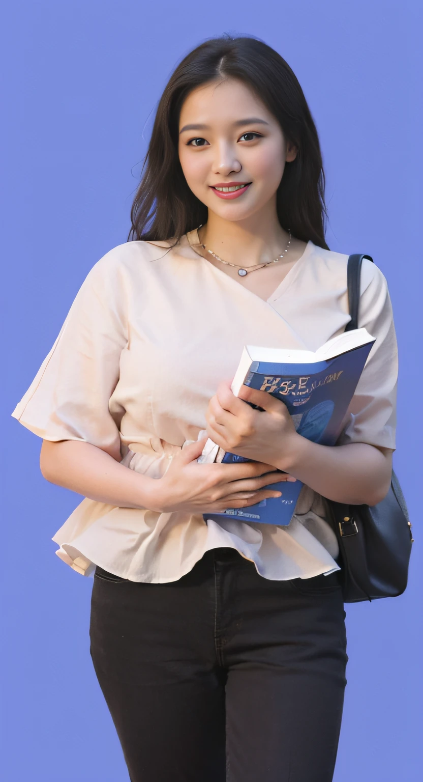 arafed woman holding a book and smiling while standing against a blue background, student, holding a book, academic clothing, full subject shown in photo, wearing a blouse, centre image, holding notebook, holding books, background image, product introduction photo, official product image, dressed with long fluent clothes, loose - fitting blouses, female lawyer, catalogue photo