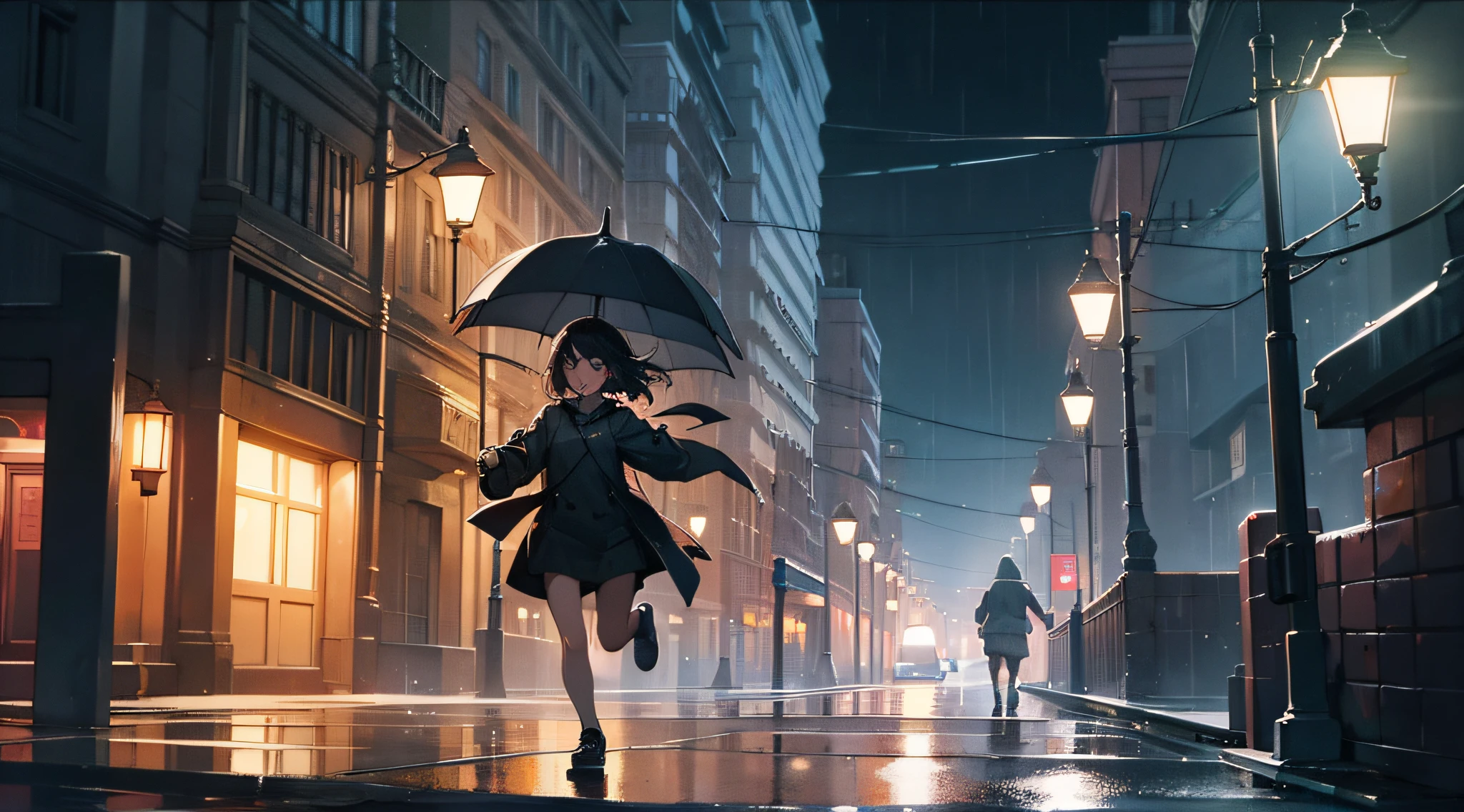 natta,heavy rain,the street,lamplight,girl,jogging