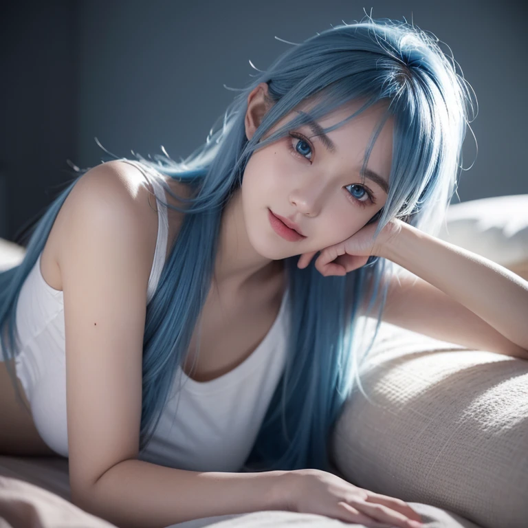 female student, Lie down in bed, looking at you, wear thin clothes, white  shirt,The kinky  exposed, exposing thighs,Blue hair, lightblue hair, long whitr hair, crossed bangs, Hair over the shoulder, Hair flakes, hairflower, Moles under the eyes, eyeballs, Gradient eyes, Water-colored eyes, the shy, light  smile, Be red in the face, Embarrassing, style of anime, Ray traching, glowing light, reflective light, People drawing, Side Body, super detailing, acurate, ctextured skin, high detal