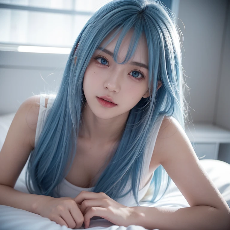 female student, Lie down in bed, looking at you, wear thin clothes, white  shirt,The kinky  exposed, exposing thighs,Blue hair, lightblue hair, long whitr hair, crossed bangs, Hair over the shoulder, Hair flakes, hairflower, Moles under the eyes, eyeballs, Gradient eyes, Water-colored eyes, the shy, light  smile, Be red in the face, Embarrassing, style of anime, Ray traching, glowing light, reflective light, People drawing, Side Body, super detailing, acurate, ctextured skin, high detal