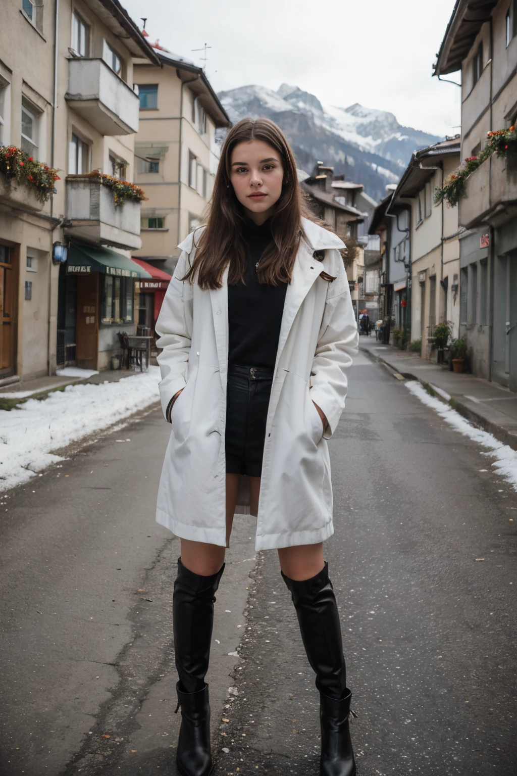photography of a 20yo woman, perfect face, masterpiece, same face, from, no brand, seductive, switzerland background, head to the left, big mantle, full body, winter style