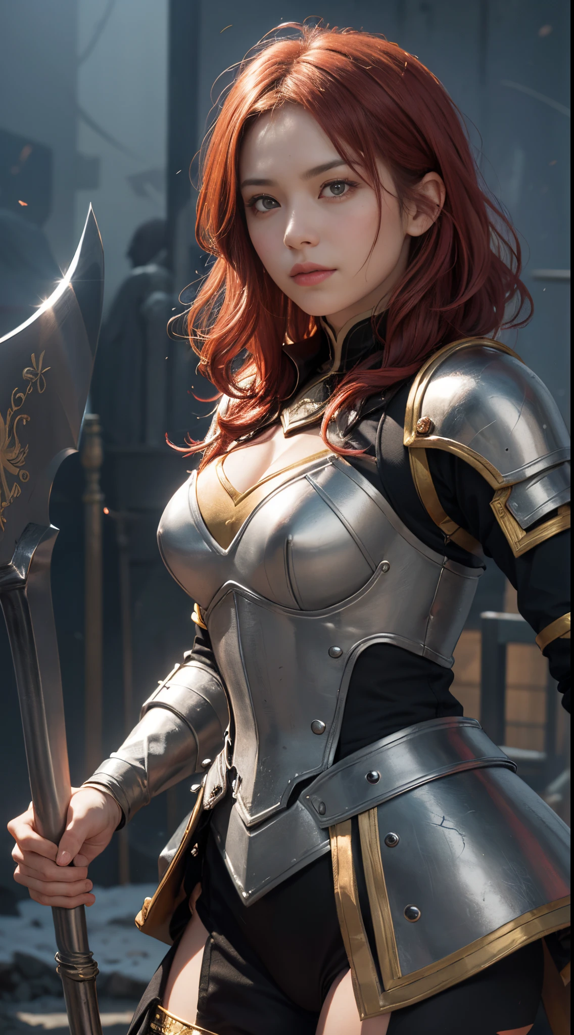 8k, best quality, highres, realistic, real person, A solitary warrior in a suspicious arena setting, without the demon lord. The warrior, lightly armored and with a sly smile, wields a large, ornately decorated axe. They have short red hair. The background is a mysterious and ominous arena, with a sense of danger and suspense. The lighting is dim and dramatic, enhancing the warrior's intense and cunning appearance.