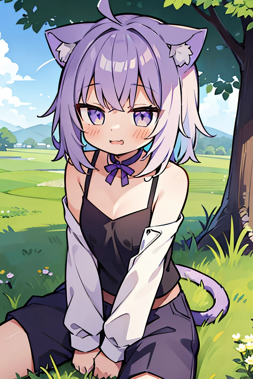 ((Nekomata okayu)), ((Masterpiece)), (High Definition:1.3), (Professional Photography:1.2), put on cat ears, Very cute and beautiful girl, (wavy mouth:1.3), (very detailed beautiful face and eyes:1.2), (Happy face), (black camisole), (Cowboy Shot), zettai ryouiki, Beautiful legs, (Blue pleated pants), Sitting, Spread legs, Dynamic Angle, messy short hair, countryside, grassy fields, On the hill, Small multicolored flowers, Intricate details, hight resolution, (1 girl, Solo:1.2), Natural lighting, Hair fluttering in the wind, Beautiful detailed sky, Looking at Viewer,