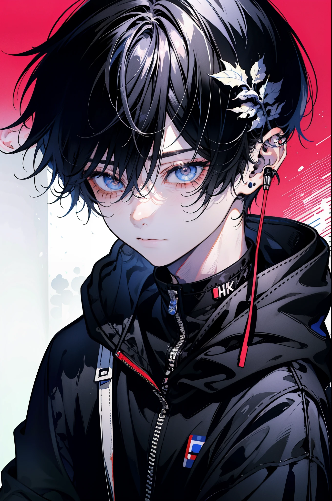 tmasterpiece,Highest image quality,Young boy, 1boys, In the Internet café,with headphones on,white color hair,Black eyes, Messy hair, bangs between eyes, Best quality , Masterpiece, Black hoodie, The upper part of the body, wearing headphone, looks into camera, A slight smil, Face focus, Dutch angle, 4k high definition
