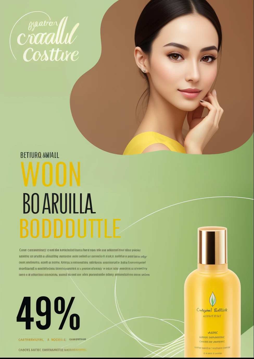 a woman with a yellow color palette background and a bottle of natural beauty products, natural and organic and flowing, product advertisement, natural contour aesthetics!!, natural beauty, beauty campaign, product advertising, !!natural beauty!!, facial beauty, natural background, cinematic beautiful natural skin, beautiful natural skin, product, natural complexion, natural skin, unique non conventional beauty, commercial banner