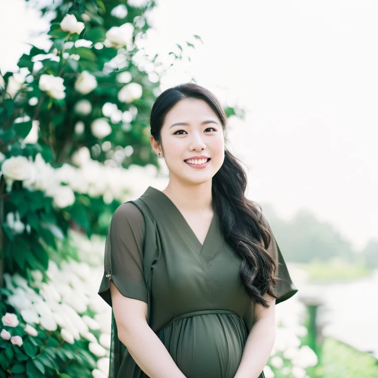 ((1 pregnant woman,Pregnant,Pregnant women in Japan,Pregnant women,Pregnancy,Japan pregnant women,Big belly,Very big belly)),(Smile here,View here,Looking at the camera),finerly detailed face,Lifelike face,A slight smil,(top-quality、masterpiece:1.2)、(White flowers confused in background and panoramic view:1.3)、Bokeh in the background、Beautiful fece21Year Beauty、portlate、White Dress、outside of house、Diffusion of light、best qualtiy,8K,Works of masters,super-fine,Correct anatomy,hightquality、best images beautiful images,flower gardens、(Arch of roses,Flower Arch,A large amount of roses,surrounded by flower,Drenched flowers,Pink and white roses,numerous roses,Pink roses,white roses,surrounded by flower)