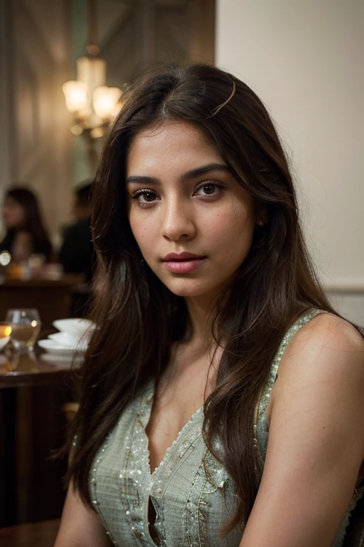 (Best quality, Ultra-detailed, Perfect Ratio, Masterpiece:1.2), Studio lighting:0.7, Photorealistic portrait of a beautiful pakistani woman at a cafe, turning her head to the side to showcase a striking earring to the camera. The woman should have a highly detailed face (Highly Detailed Skin) with soft, luminous skin. Her long hair should be naturally brown and stylish. (Sharp Focus on the Face, Perfect Eyes:1.2). (ISO 400, 30mm lens RAW f1.8 aperture, highly detailed) to create the impression of analog photography (Analog Photography:1) with HDR colors, the scene both realistic and stylish. maya ali
