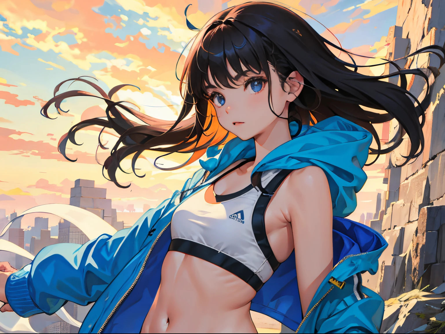 child,(masterpiece,Highest Quality),Sportsbra,Lightweight hoodie,A dark-haired,The wind is blowing
