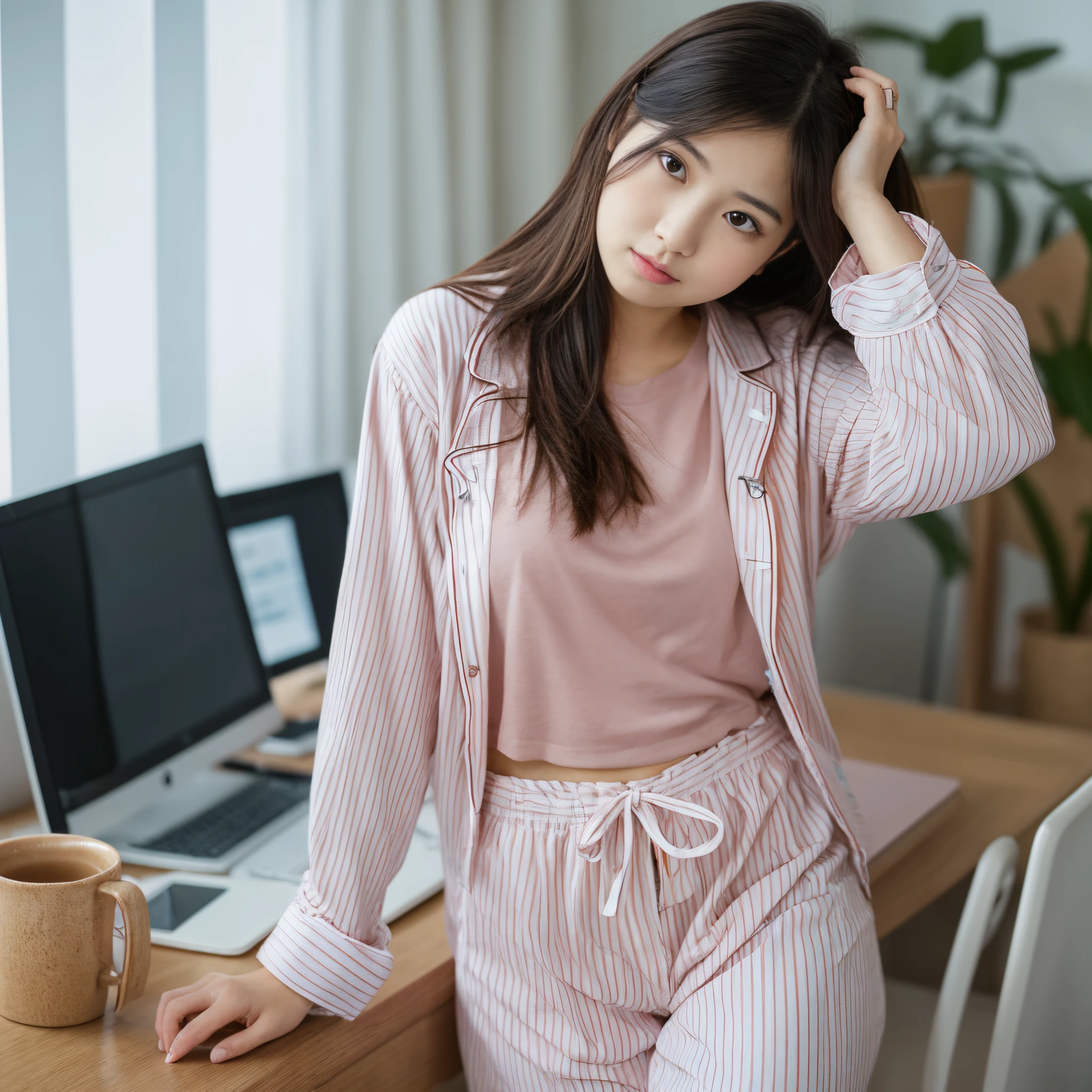 (Raw photo:1.2), (Photorealistic), Beautiful detailed girl, Very detailed eyes and face, Beautiful detailed eyes, Huge file size, High resolution, Very detailed, Best Quality, [masutepiece:1.6], Illustration, Very detailed, Fine detail, Best Quality, 8K Wallpaper, Movie Lighting,22 year old Japanese female office worker, Go to work in your pajamas, Office Desk, embarassed expression, pink pajama shirt, White inner, striped pj mask pants, Unkempt hair,Slim body, Young Face, Smaller chest, Immature body, confused pose