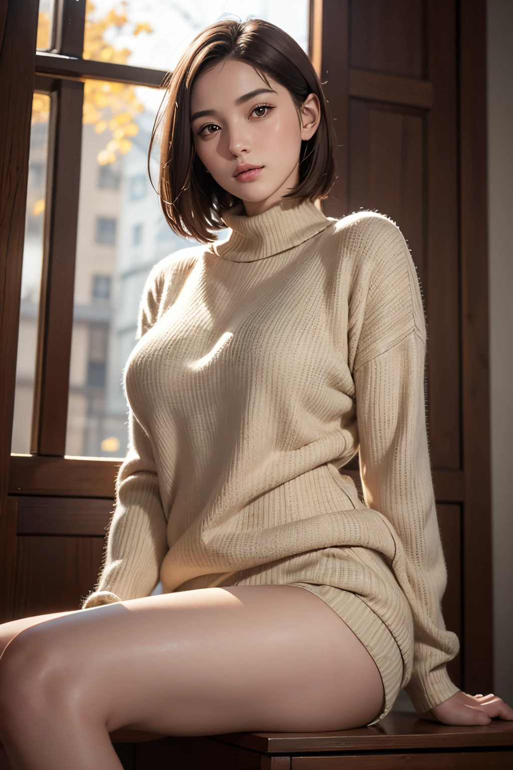 Photorealistic, photographrealistic, masutepiece, Best Quality, Raw photo, 1girl in, Solo, short-hair, Brown hair, Detailed face, alluring face, Sweater that kills virgins, large full breasts, Dynamic Pose, Looking at Viewer, From below, Detailed background, fine detailed, intricate detailes, Ray tracing, depth of fields, lowkey, nffsw