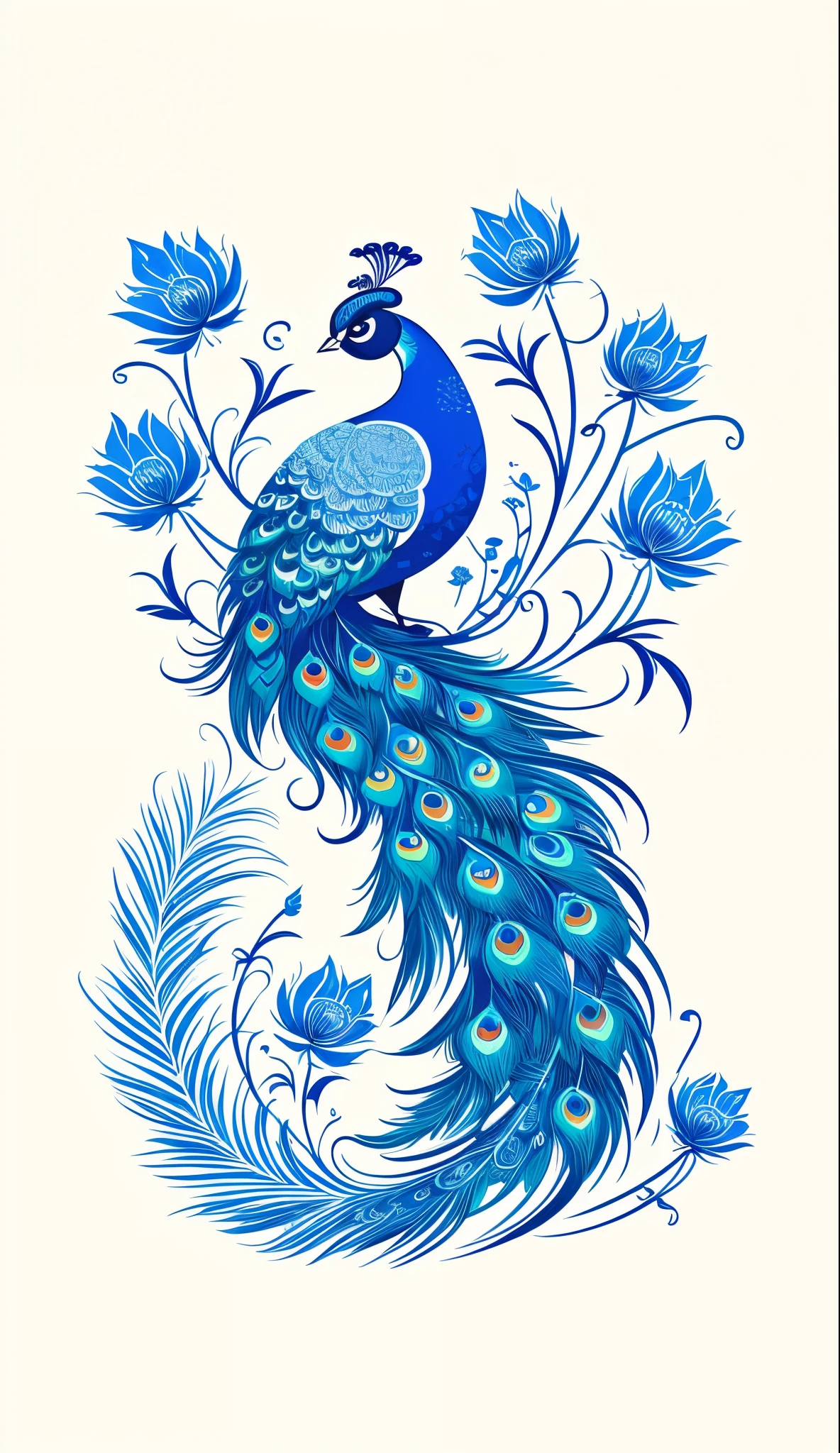 Vector graphics,Chinese hand drawn illustration,Peacock with blue feathers and flowers on white background, beautiful and graceful,vector lines, Clear lines,delamination, peacock, tranquil and graceful, Beautiful Elegant, number art,white backgrounid