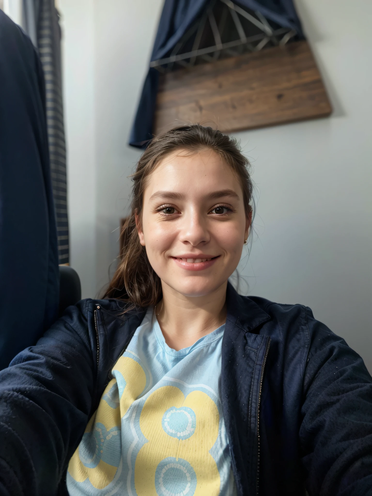 smiling woman sitting in a chair with a blue shirt and black jacket, selfie of a young woman, 8k selfie photograph, 30 years old woman, 3 0 years old woman, without makeup, she  facing the camera, portrait shot 8 k, selfie shot straight on angle, face picture, very very low quality picture, headshot profile picture, looking straight to camera