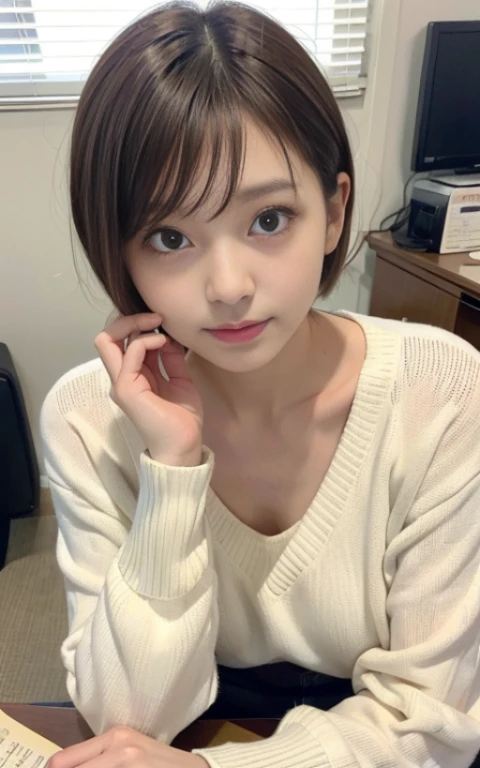 Cute 21 years old Japan、Japan Domestic flights、desk work、Studying、Super Detail Face、Eye of Detail、二重まぶた、beautiful thin nose、foco nítido:1.2、prety woman:1.4、(light brown hair,short cut hair, White skin、Colorful sweater、top-quality、masterpiece、超A high resolution、(Photorealsitic:1.4)、C cup breasts、