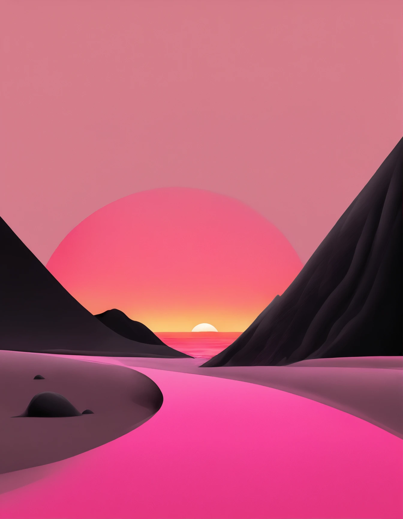 a pink line shaped like a sunset dragging across the sand, in the style of vibrant pop surrealism, dark black and pink, abdel hadi al gazzar, realistic color schemes, color splash, monochromatic color schemes, luminous shadowing