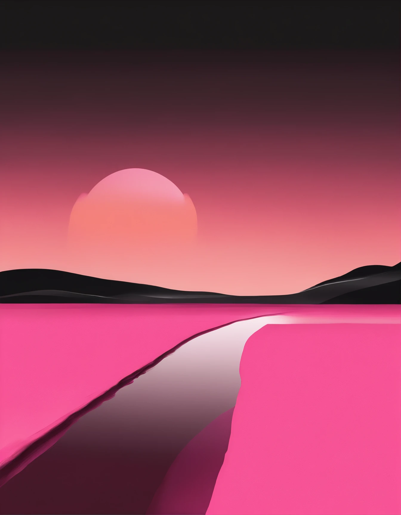 a pink line shaped like a sunset dragging across the sand, in the style of vibrant pop surrealism, dark black and pink, abdel hadi al gazzar, realistic color schemes, color splash, monochromatic color schemes, luminous shadowing