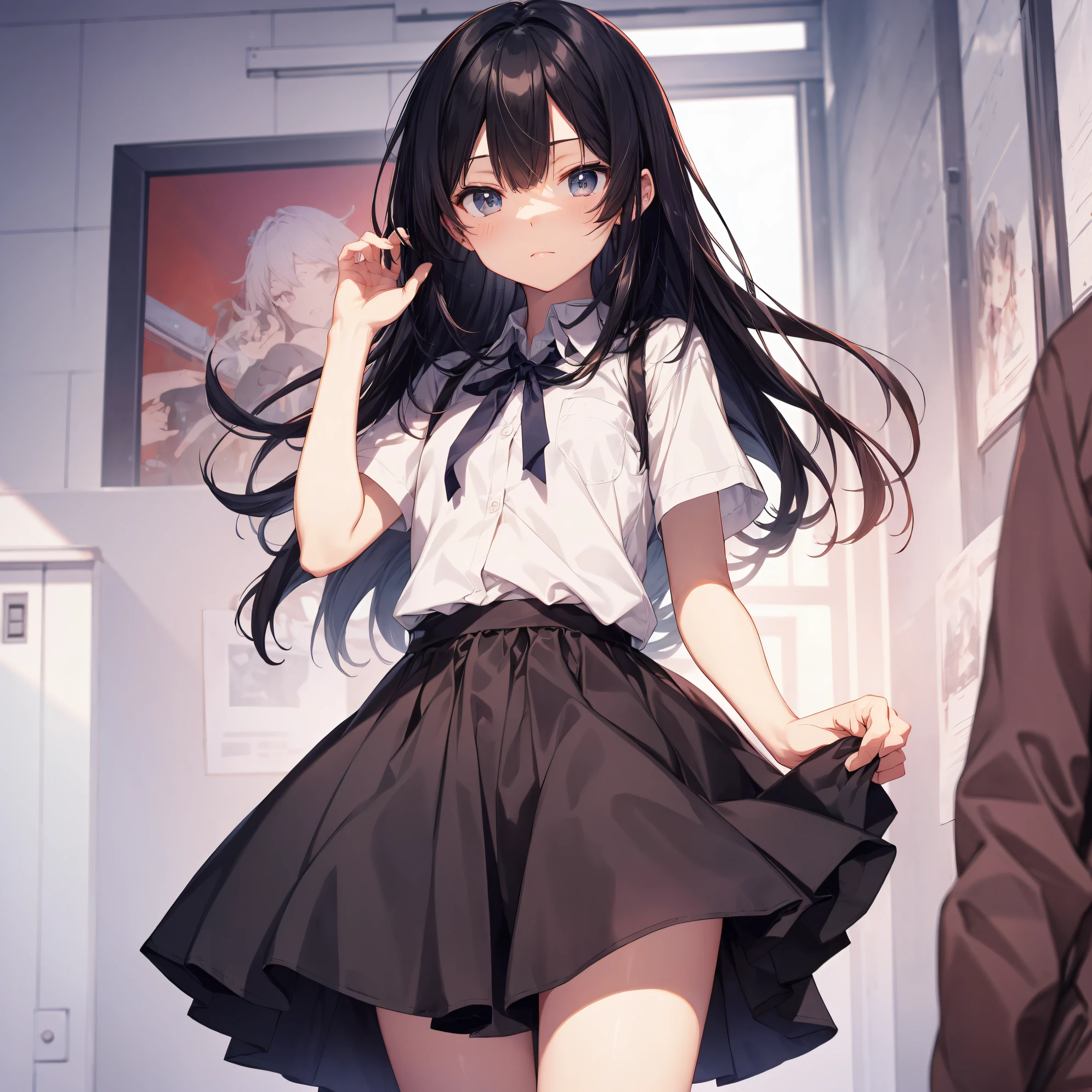 Lift up your skirt to see your panties,Checked skirt,Embarrassing,Troubled face,White panties,Apply blush all over the face,Are standing,School classroom,Long black hair