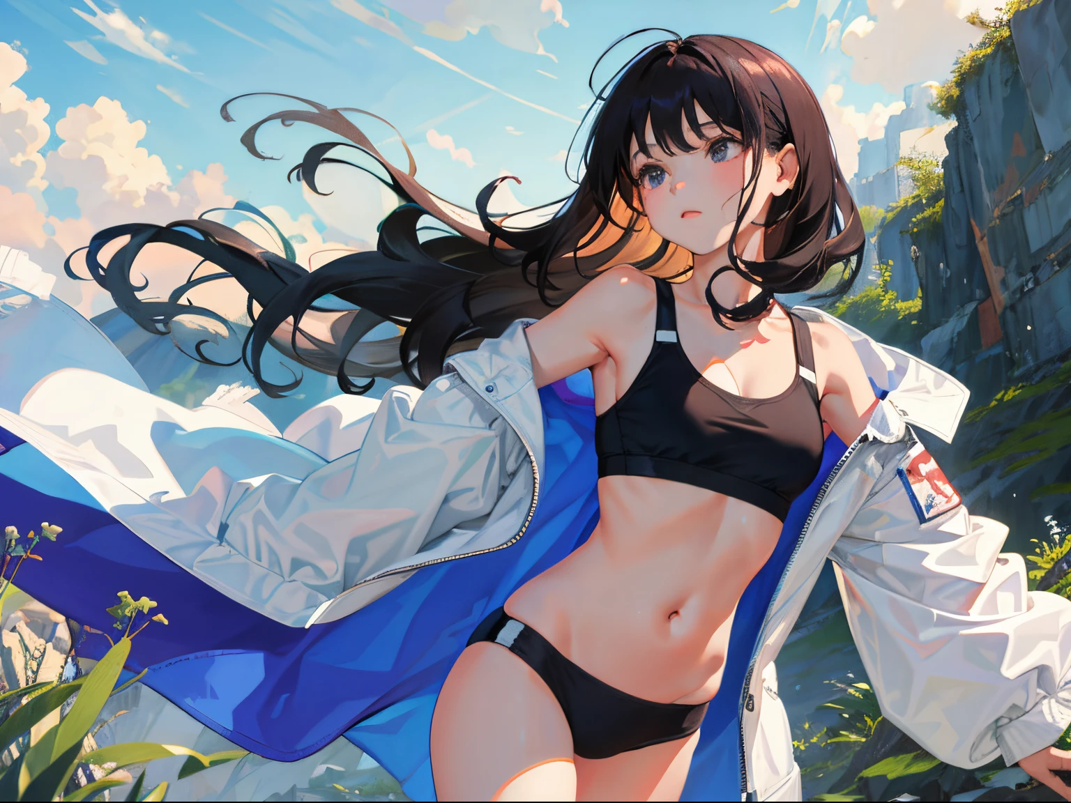 child，（​masterpiece，Highest Quality），Sportsbra，A dark-haired，The wind is blowing