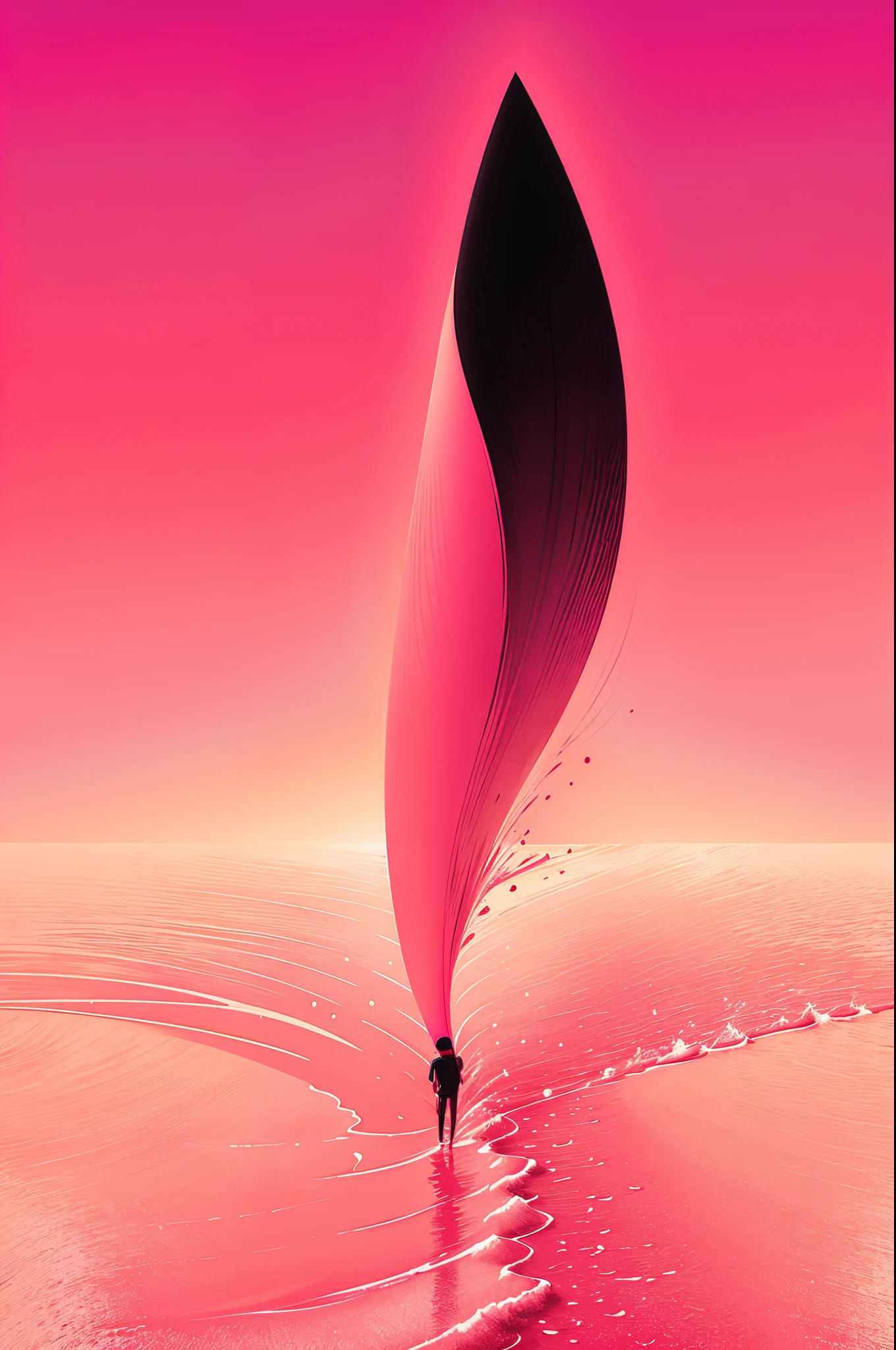 ((minimalist)), a pink line shaped like a sunset dragging across the sand, in the style of vibrant pop surrealism, dark black and pink, abdel hadi al gazzar, realistic color schemes, color splash, monochromatic color schemes, luminous shadowing