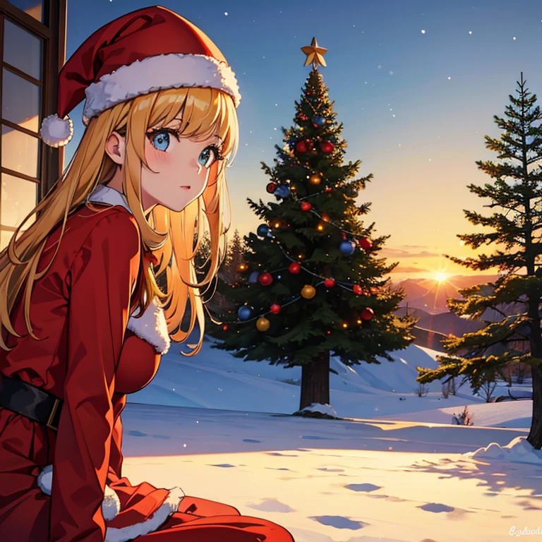Big Christmas tree, beautiful eyes, masterpiece, highest quality, one girl, solo, sunrise, from the side, winter, red costume,