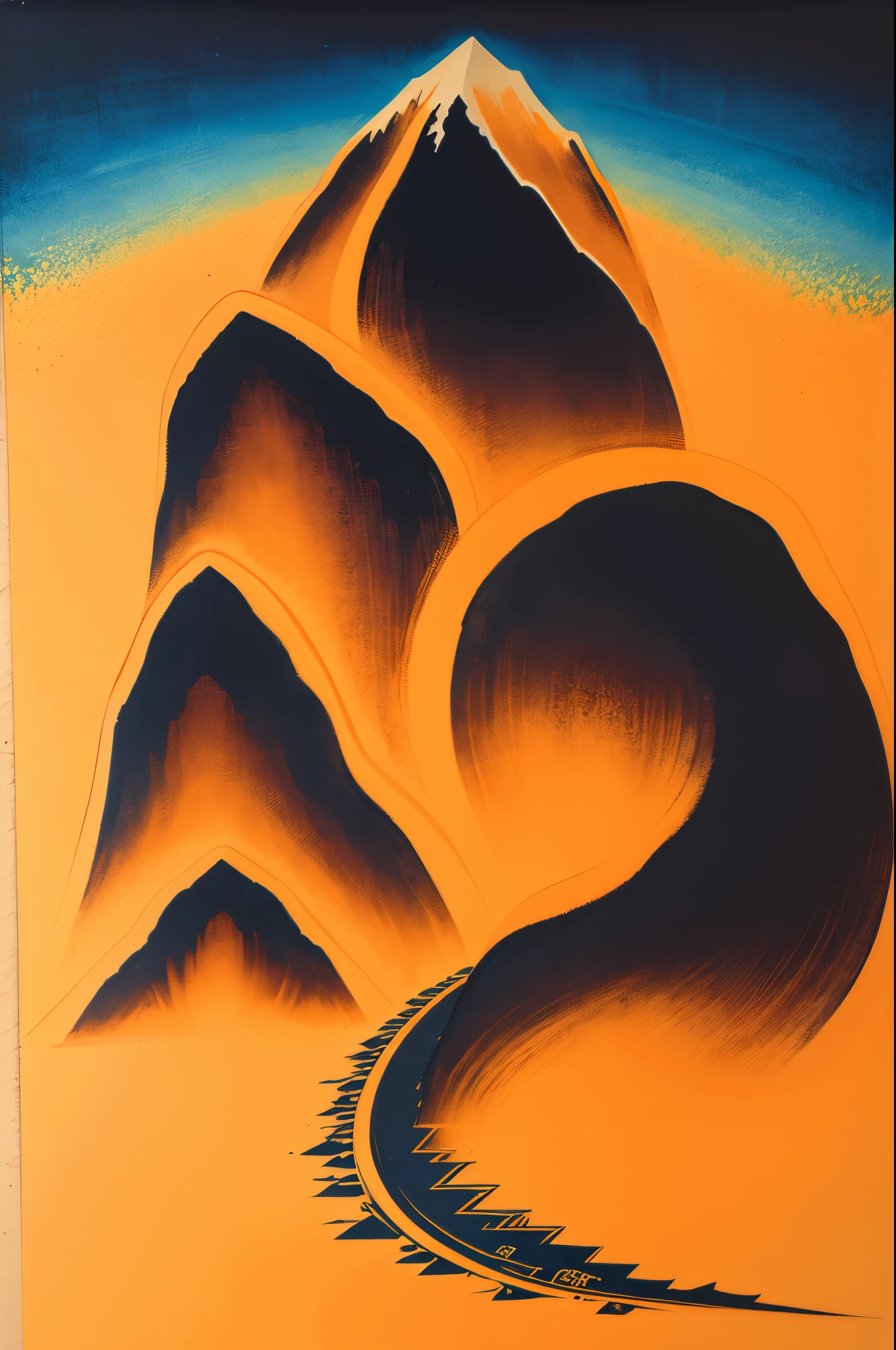 Minimalist art, black and blue form mountains and rivers, golden Chinese palaces on the mountains, line silhouette art, large orange background, intuitive art, strong color contrast