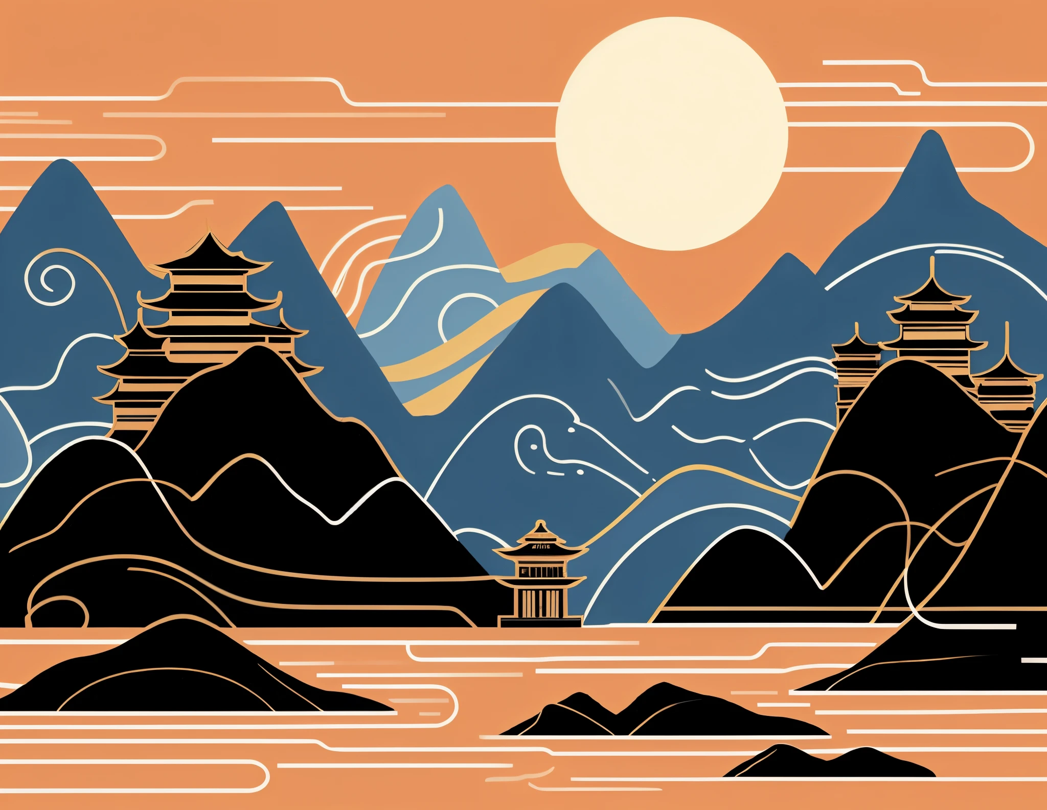 Minimalist art, black and blue form mountains and rivers, golden Chinese palaces on the mountains, line silhouette art, large orange background, intuitive art, strong color contrast