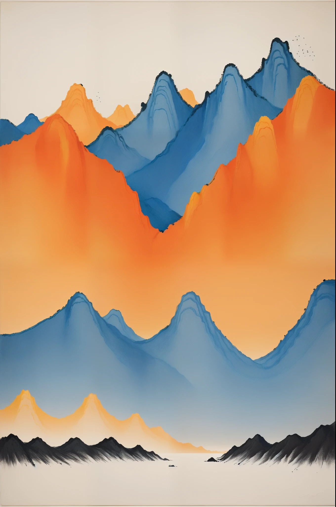 Minimalist art, black and blue form mountains and rivers, golden Chinese palaces on the mountains, line silhouette art, large orange background, intuitive art, strong color contrast