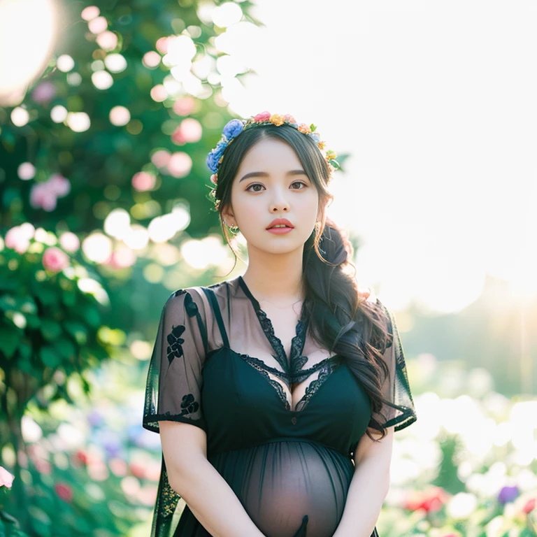 ((((((depth of fields))),(((Sunset Backlight),((Slim body)))),20 years old, Twilight rays, lace wedding dresses, flowercrown, (((Rose Tunnel))), Rose Front Blur, Bokeh, Photorealistic, Surrounded by colorful roses, ((Closed)))),(1 mature woman), ( Sunset:1.3), (8K, Raw photo, Best Quality, masutepiece:1.2), (Realistic, Photorealistic:1.37), Best Quality, Ultra high definition,(Standing in a flower garden:1.3), (Vivid and colorful:1.pregnant woman, Big cleavage, chubby figure, 26 years old, See-through,