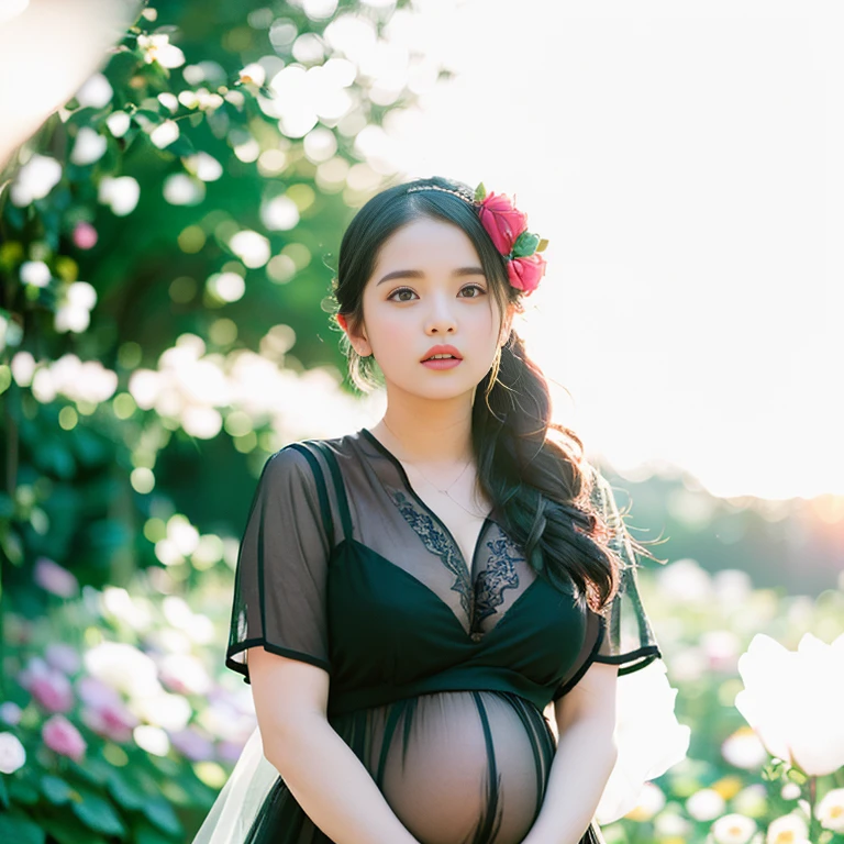 ((((((depth of fields))),(((Sunset Backlight),((Slim body)))),20 years old, Twilight rays, lace wedding dresses, flowercrown, (((Rose Tunnel))), Rose Front Blur, Bokeh, Photorealistic, Surrounded by colorful roses, ((Closed)))),(1 mature woman), ( Sunset:1.3), (8K, Raw photo, Best Quality, masutepiece:1.2), (Realistic, Photorealistic:1.37), Best Quality, Ultra high definition,(Standing in a flower garden:1.3), (Vivid and colorful:1.pregnant woman, Big cleavage, chubby figure, 26 years old, See-through,