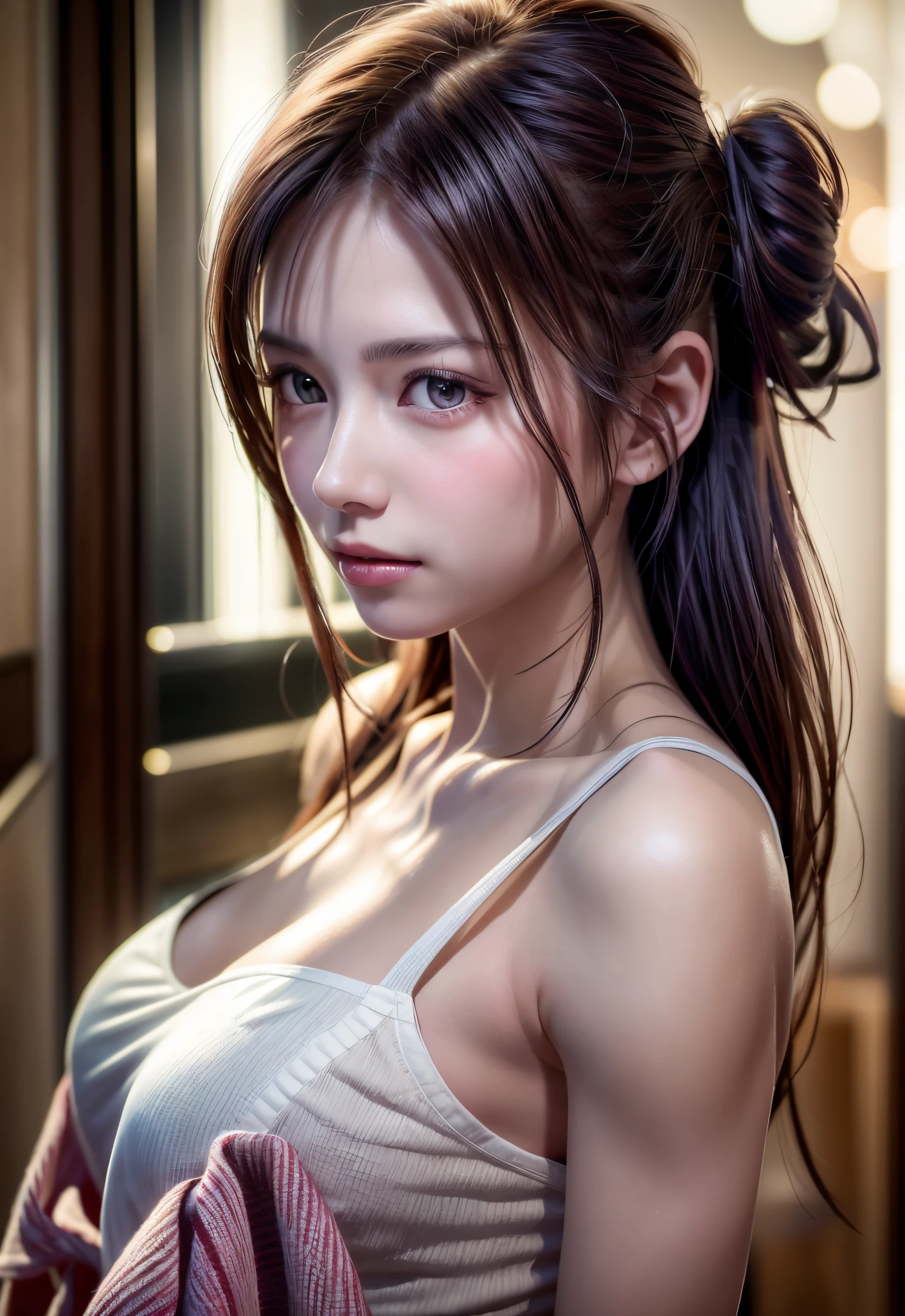 8K, of the highest quality, masutepiece:1.2), (Realistic, Photorealsitic:1.37), of the highest quality, masutepiece, Beautiful young woman, Pensive expression, Gentle eyes, Apron naked、Lovers、Hair tied back, Messy mood, Cinematic background, Light skin tone