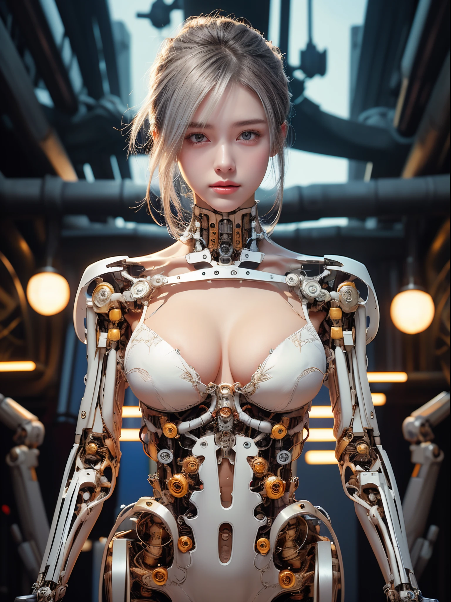 Best Quality、Silver hair、Beautiful cleavage with plump breasts、a 20 yo woman、shining light、White Garment、Cyborg body、Machine body、(Intricate details、The servo、gear)、detailed skeleton、Mechanical body、(body of mechanical parts)、Human eyes、Well-formed face、Beautiful shape、cover your stomach with a bodysuit、Exposed from the chest up、Future、Beautiful face, Beautiful breasts、(Human-machine convergence)、cyberpunked、Crystal clear skin、