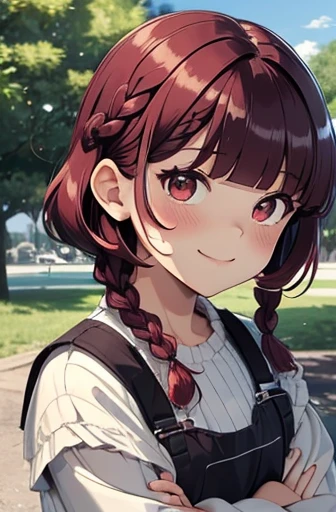 dark red hair, full body Esbian, fluffy hair, childish, Layered Bob, ((Braided shorthair)), ((Braiding bangs)), (a short bob), a park, Slightly red tide, A smiling expression, tatteredclothing, Fishing eyes, Multiple children