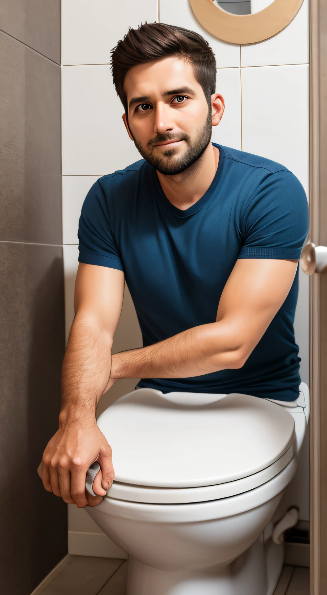 30 year old man looking at camera using bathroom