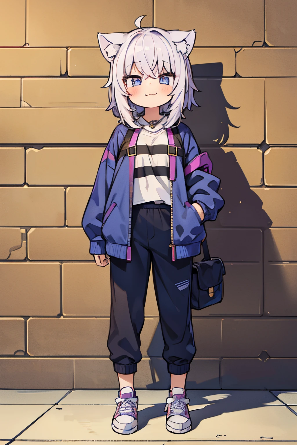 ((Nekomata okayu)), ((Masterpiece)), (High Definition:1.3), (Professional Photography:1.2), (wavy mouth:1.3), put on cat ears, Focus: 1.2, messy short hair, (Perfect Body Beauty), (Best Quality), (Best Shadow), Detailed, Perfect Lighting, BREAK, Little smile, cute eyes, swept bangs, Perfect Anatomy, BREAK, Stand on the brick wall, Looking away, full body, (baggy), blue collage jacket, Sweatshirt, 1 crossbody bag for girls, sneakers, Black jersey pants,