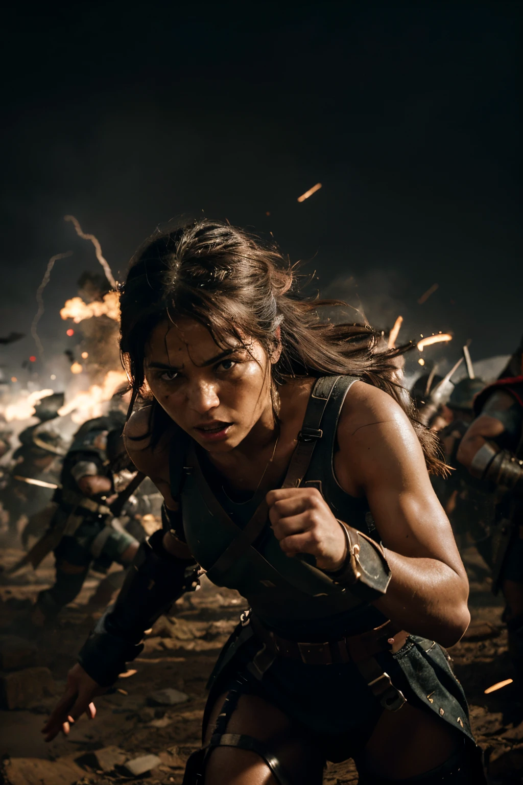 Generate an intense and dynamic image depicting a lone Rome fighter engaged in combat against a formidable army of 100 soldiers. The scene should be dominated by the colors black, white, and red. Emphasize the bravery and determination of the lone fighter in the midst of the chaotic battle. The overall tone should evoke a sense of epic struggle and heroism. Consider the composition, lighting, and details to make the image visually compelling and emotionally impactful.