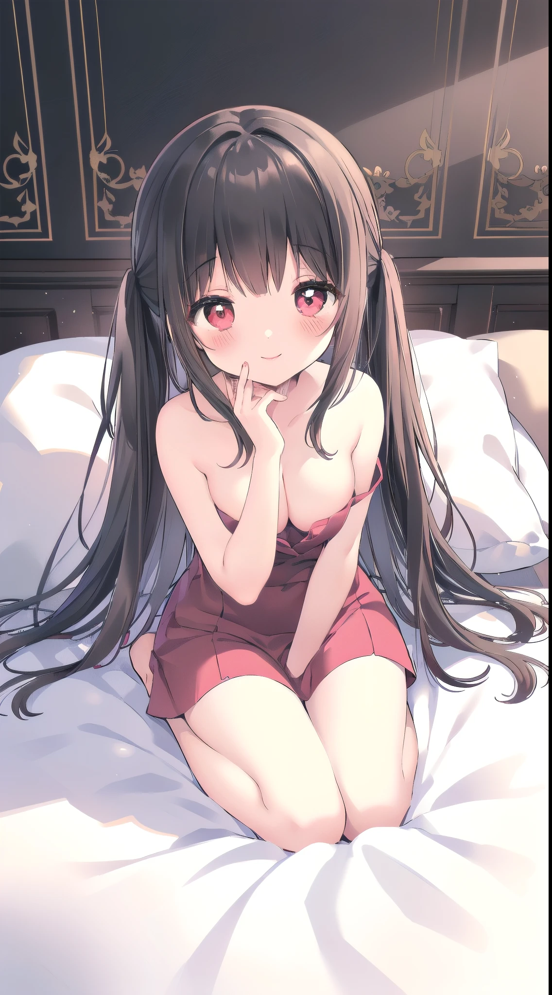 (nswf, cuddling and pampering viewer, (1 girl lying half naked under the bedcover), holding bedcover shyly:1.5), Nardack style lora, (gentle housewife, small girl, full body, depth of view, petite and short figure girl, cute and , perfect woman, medium cleavage, mature aura:1.4), (masterpiece, best quality, HD Pictures, 4K:1.1), outdoor, very long hair, bangs, gentle look, gentle smile, gentle eyes, mature looking, pinkish cheeks, very detailed eyes, very detailed pupils, very detailed ridiculously long black hair, detailed face, detailed ruby red eyes, full body, look up to viewer, detailed long black hair, (happy gentle face, warm smile, blushing red cheeks:1.3)