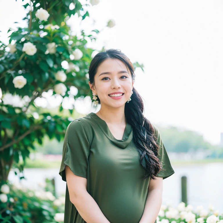 ((1 pregnant woman,Pregnant,Pregnant women in Japan,Pregnant women,Pregnancy,Japan pregnant women,Big belly,Very big belly)),(Smile here,View here,Looking at the camera),finerly detailed face,Lifelike face,A slight smil,(top-quality、​masterpiece:1.2)、(White flowers confused in background and panoramic view:1.3)、Bokeh in the background、Beautiful fece２１Year Beauty、portlate、White Dress、outside of house、Diffusion of light、best qualtiy，8K，Works of masters，super-fine，Correct anatomy，hightquality、best images beautiful images,flower gardens、(Arch of roses,Flower Arch,A large amount of roses,surrounded by flower,Drenched flowers,Pink and white roses,numerous roses,Pink roses,white roses,surrounded by flower)