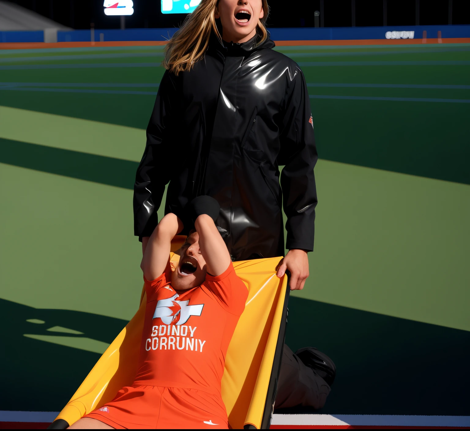 very very glossy and slick downcoat, Photography of an injured sportsman on a stretcher being carried by a longhaired blond woman in a long black down coat, a shiny vinyl coat, a shiny black down coat, a high shine dark down coat, a young male soccer player in short sportswear is lying on his back on a stretcher and is grabbing his shin with his hands, hyperralistic, very realistic, ultrarealistic photorealistic, pgoto, photoreal, a young woman is wearing a high shine black downcoat and is holding a stretcher inside a sports stadium, a young madeup blond woman in a high-shine padded coat is shouting out for help and has a very sad and furious expression in her face, a sportsman is lying on a stretcher and has a very painful and suffering face, a young sportsman on a stretcher with a very painful expression in his face, dramatic action pose, sports accident, injury scene, theatralic pity pose, pity pityful, pain, a sportsman is lying on a stretcher and is crying in pain, a young madeup woman in a shiny coat is carrying a man on a stretcher inside a sports stadium, sports scene, stadium