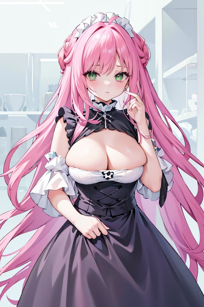 , with an open , 1 plump girl, middling, own, how to, pink hair color hair, Pink Long Hair, Very long hair, inner strength, humongous large , Black dress, Shown in , maid headdress, ((peeking at the viewer, Decorative style, Green-eyed, face flushed, skirt lift, Take a step back, How to drip, catss, lie, frilly suffocation,Lower bust, Lop, hair between eye, After decision     ,  Background with, maid, , white backgrounid, pleatedskirt, Minkitz,  Clothes lift, through bangs, Self-elevating, cropped shoulders, Split sleeves, armlets, ahoge, french braid
