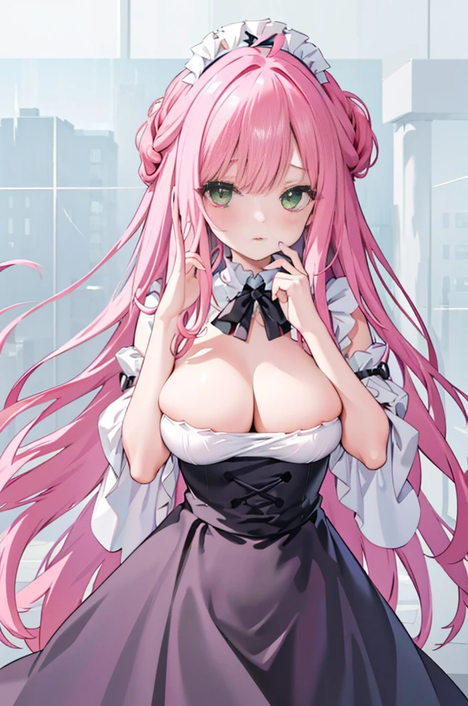 , with an open crotch, 1 plump girl, middling, own, how to, pink hair color hair, Pink Long Hair, Very long hair, inner strength, humongous large breast, Black dress, Shown in , maid headdress, ((peeking at the viewer, Decorative style, Green-eyed, face flushed, skirt lift, Take a step back, How to drip, catss, lie, frilly suffocation,Lower bust, Lop, hair between eye, After decision , Background with, maid, , white backgrounid, pleatedskirt, Minkitz, Clothes lift, through bangs, Self-elevating, cropped shoulders, Split sleeves, armlets, ahoge, french braid