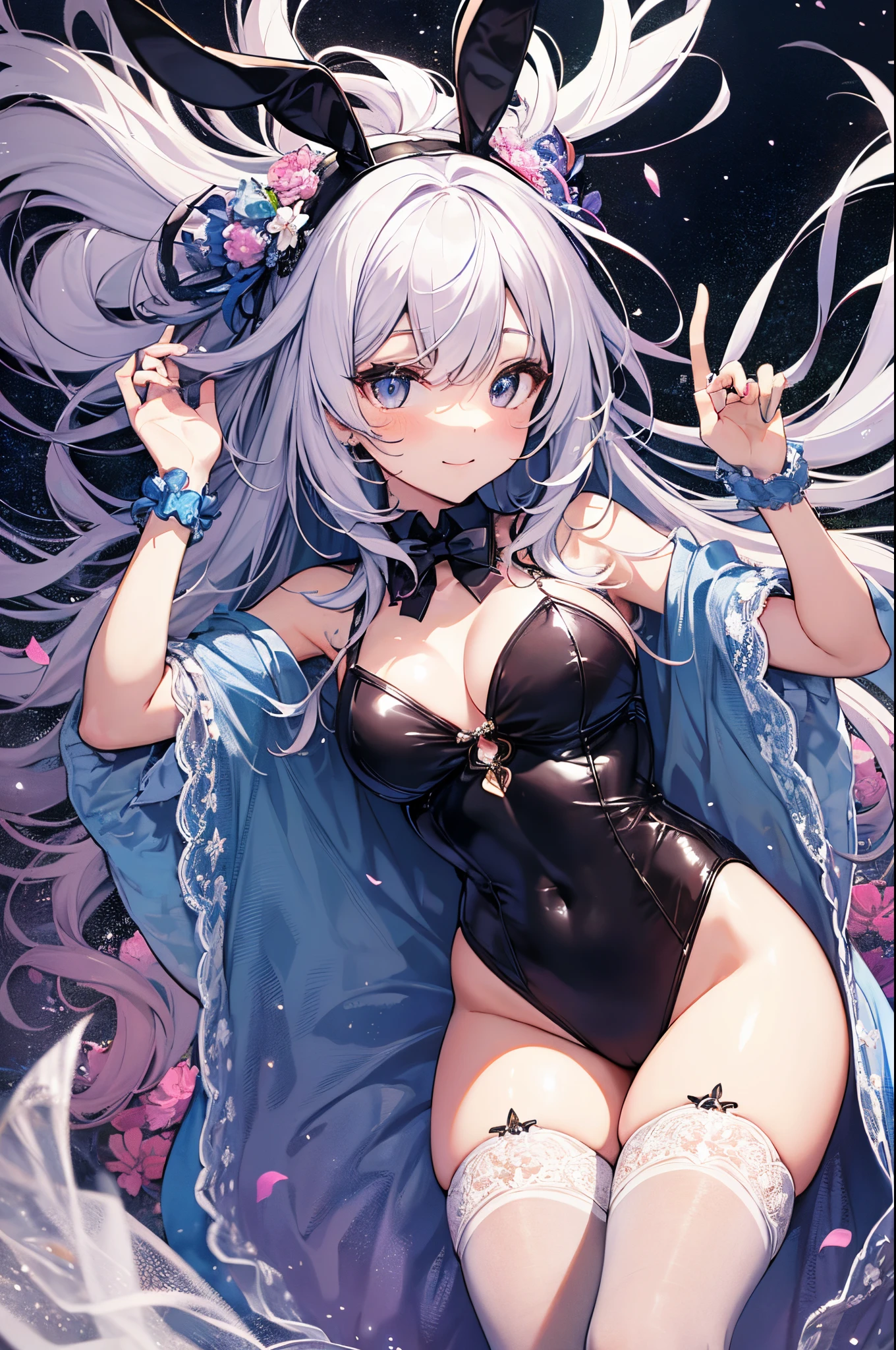 ((2D beautiful girl、top-quality、Perfect Finger 1.1、Perfect Anatomy 1.1、Dress perfectly、Beautiful illustration))、a beautiful slender girl、(transform sequence)、((a playboy bunny、Leotard))、14years、a junior high school student、Fractal Art、baby-face、((stright long hair))、Beautiful big drooping eyes、A smile、Full Body Display、(1 persons)、The costumes are also brightly colored.、