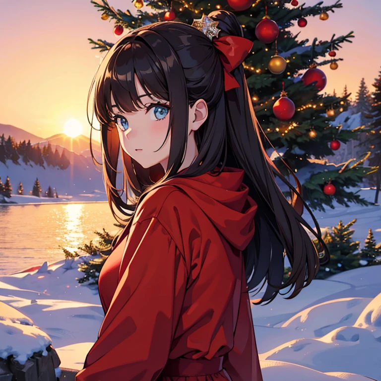 Big Christmas tree, beautiful eyes, masterpiece, highest quality, one girl, solo, sunrise, from the side, winter, red costume,